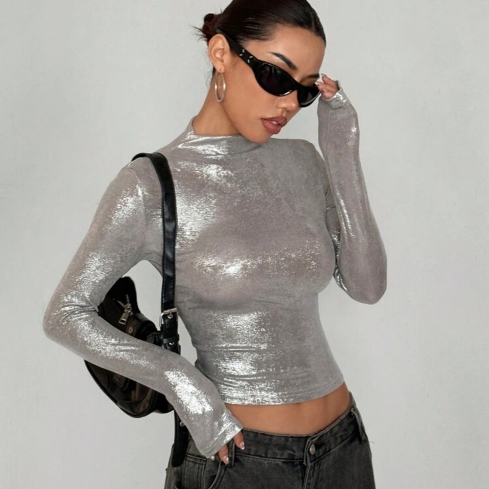 StreetHx Women's Stylish Shiny Slim-Fit Turtleneck Long Sleeve T-Shirt